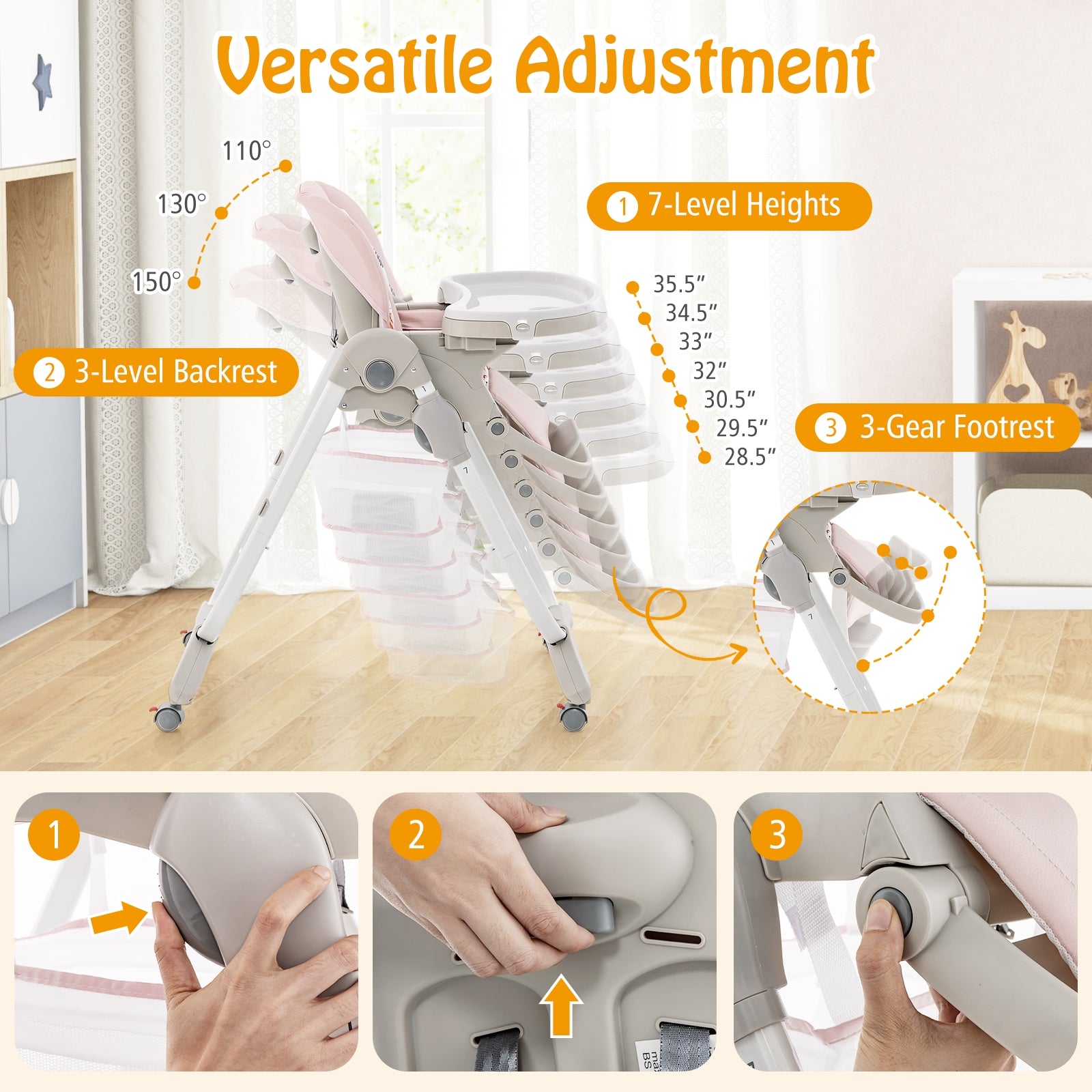 Folding Baby High Chair With Rolling Wheels, Adjustable Height, Pink High Chairs at Gallery Canada
