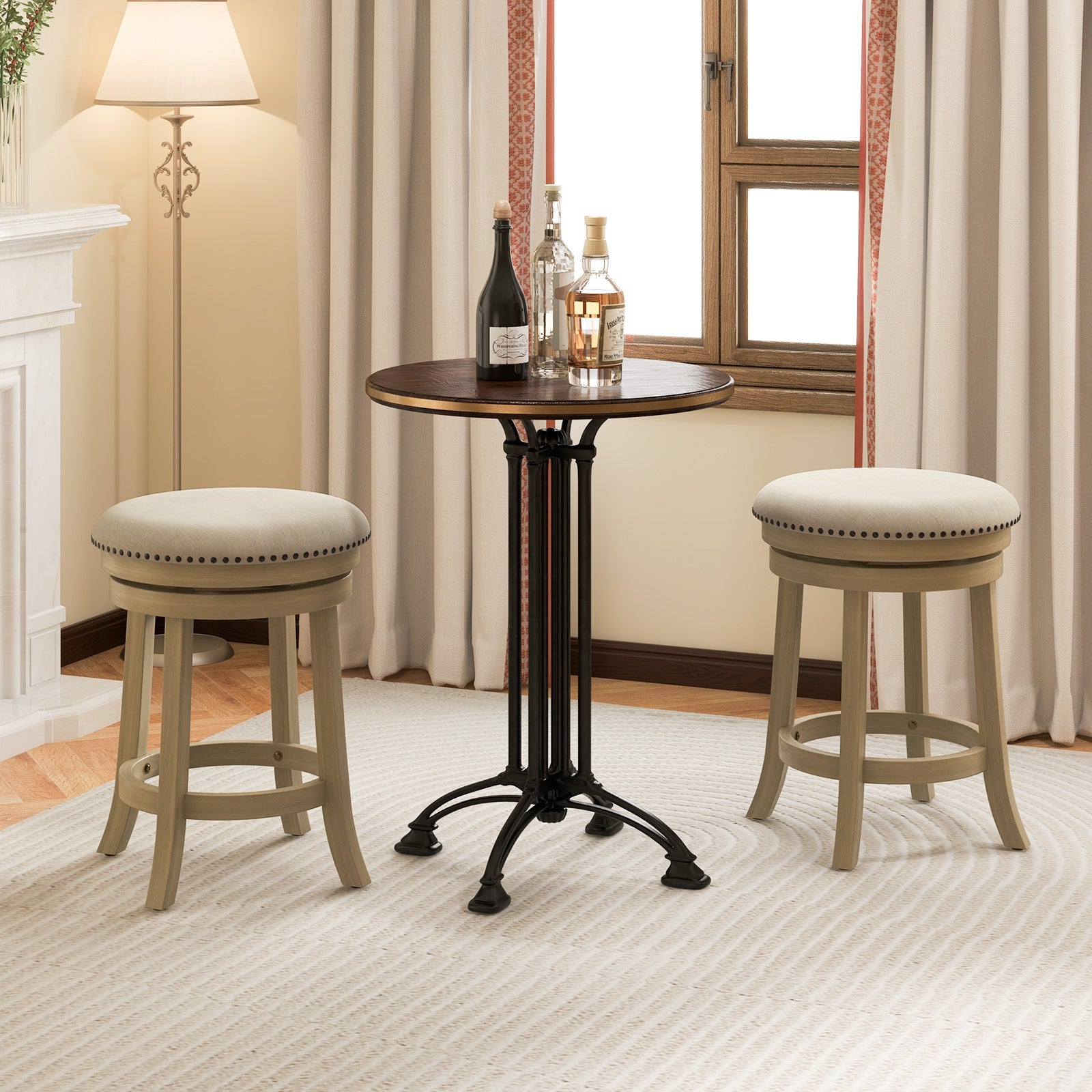 Swivel Bar Stools Set of 2, 24 Inches, Wooden Frame, Beige Bar Stools at Gallery Canada
