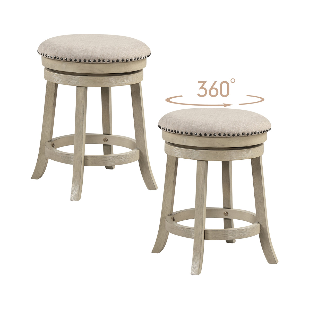 Swivel Bar Stools Set of 2, 24 Inches, Wooden Frame, Beige Bar Stools Beige at Gallery Canada