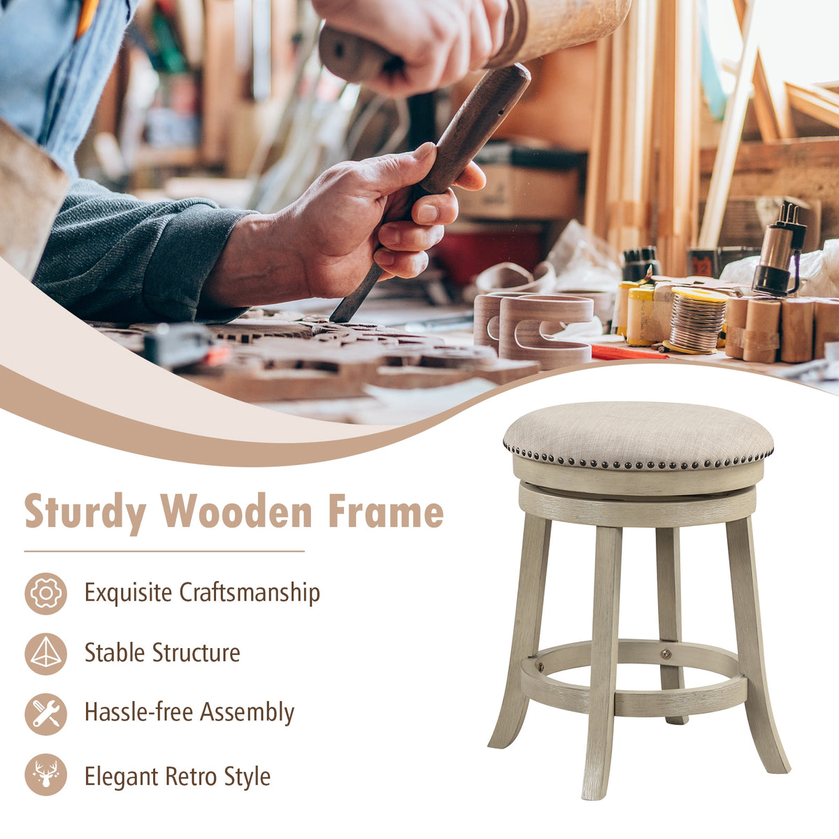 Swivel Bar Stools Set of 2, 24 Inches, Wooden Frame, Beige Bar Stools at Gallery Canada