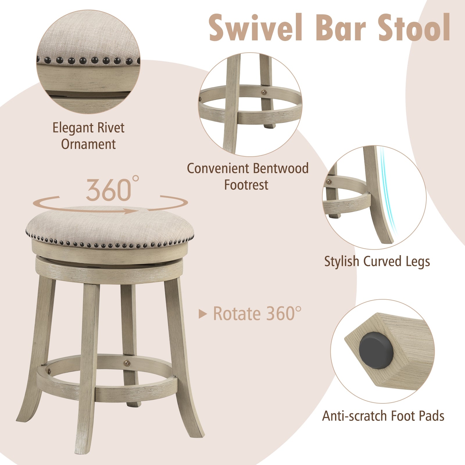 Swivel Bar Stools Set of 2, 24 Inches, Wooden Frame, Beige Bar Stools at Gallery Canada