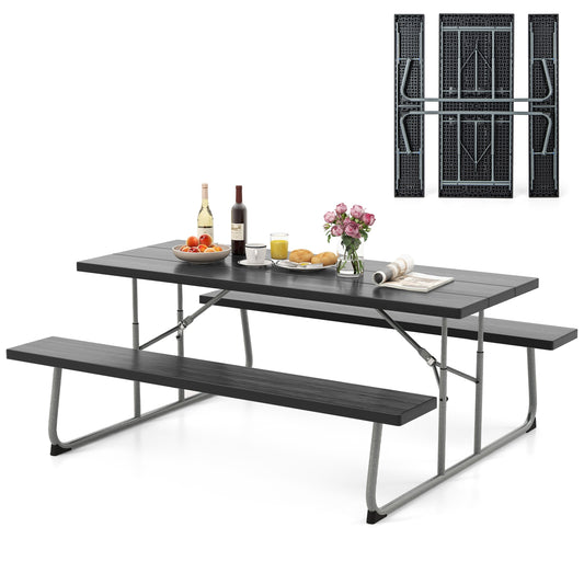 Folding Picnic Table Set, Metal Frame, HDPE Tabletop, Umbrella Hole, Black Outdoor Seating & Patio Chairs Black at Gallery Canada