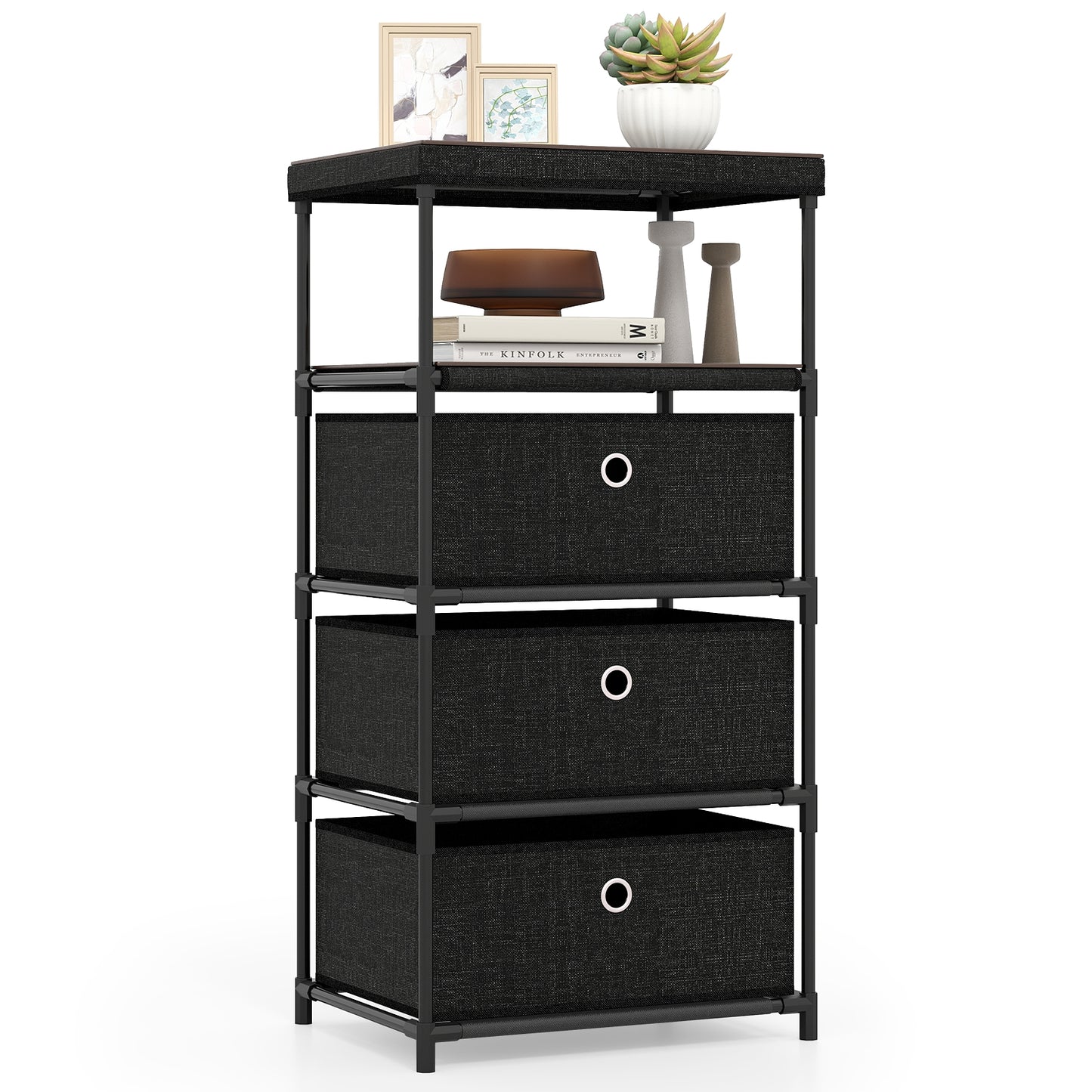3/4 Drawer Fabric Storage Tower, Wood Top Metal Frame, M, Black Dressers & Chests at Gallery Canada