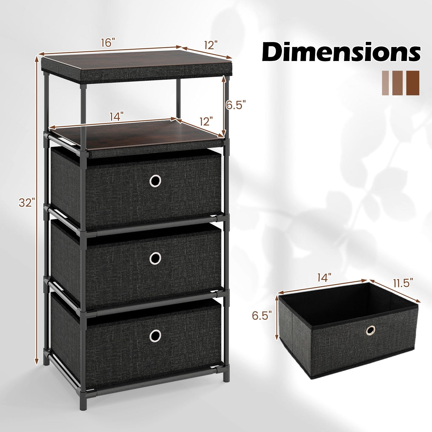 3/4 Drawer Fabric Storage Tower, Wood Top Metal Frame, M, Black Dressers & Chests at Gallery Canada