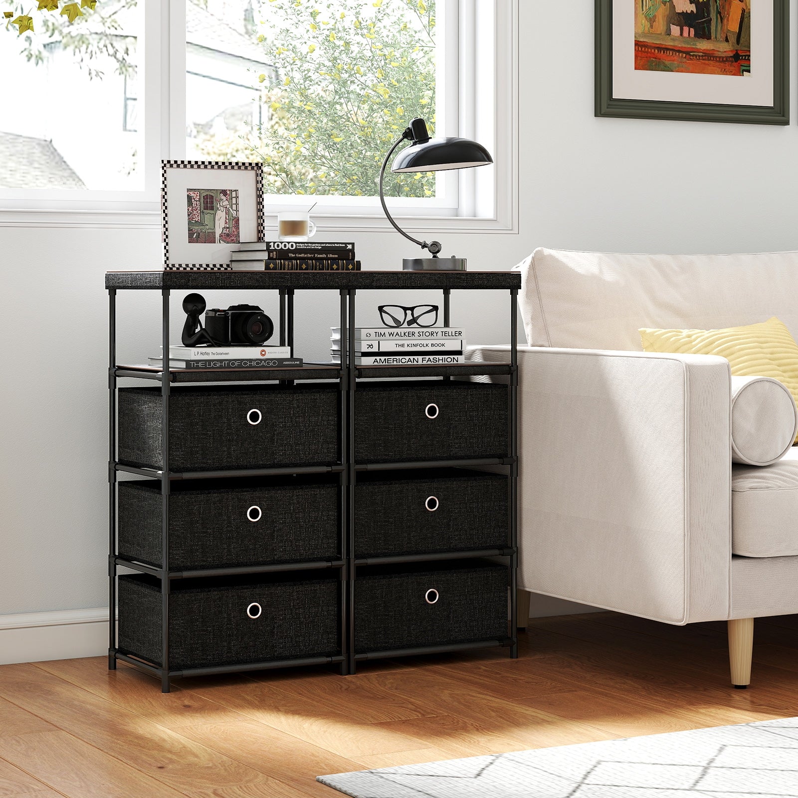 3/4 Drawer Fabric Storage Tower, Wood Top Metal Frame, M, Black Dressers & Chests at Gallery Canada