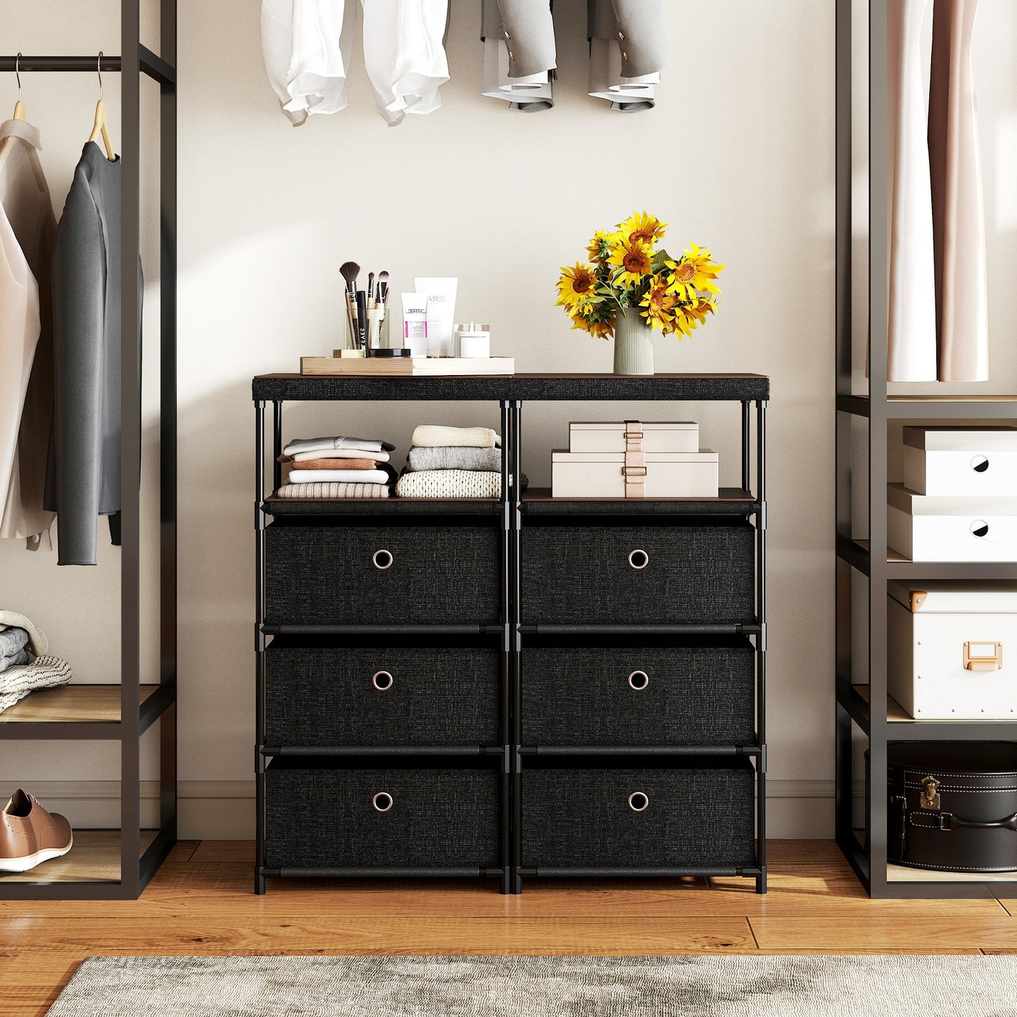 3/4 Drawer Fabric Storage Tower, Wood Top Metal Frame, M, Black Dressers & Chests at Gallery Canada