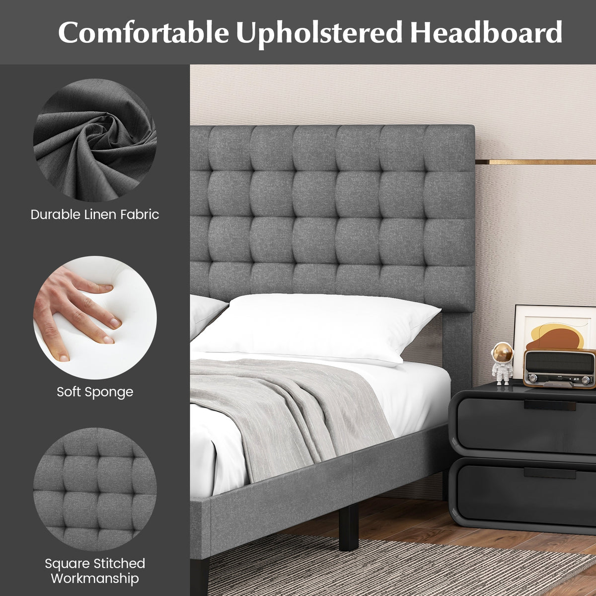 Queen Size Upholstered Platform Bed, Square Stitched Headboard Beds & Bed Frames at Gallery Canada
