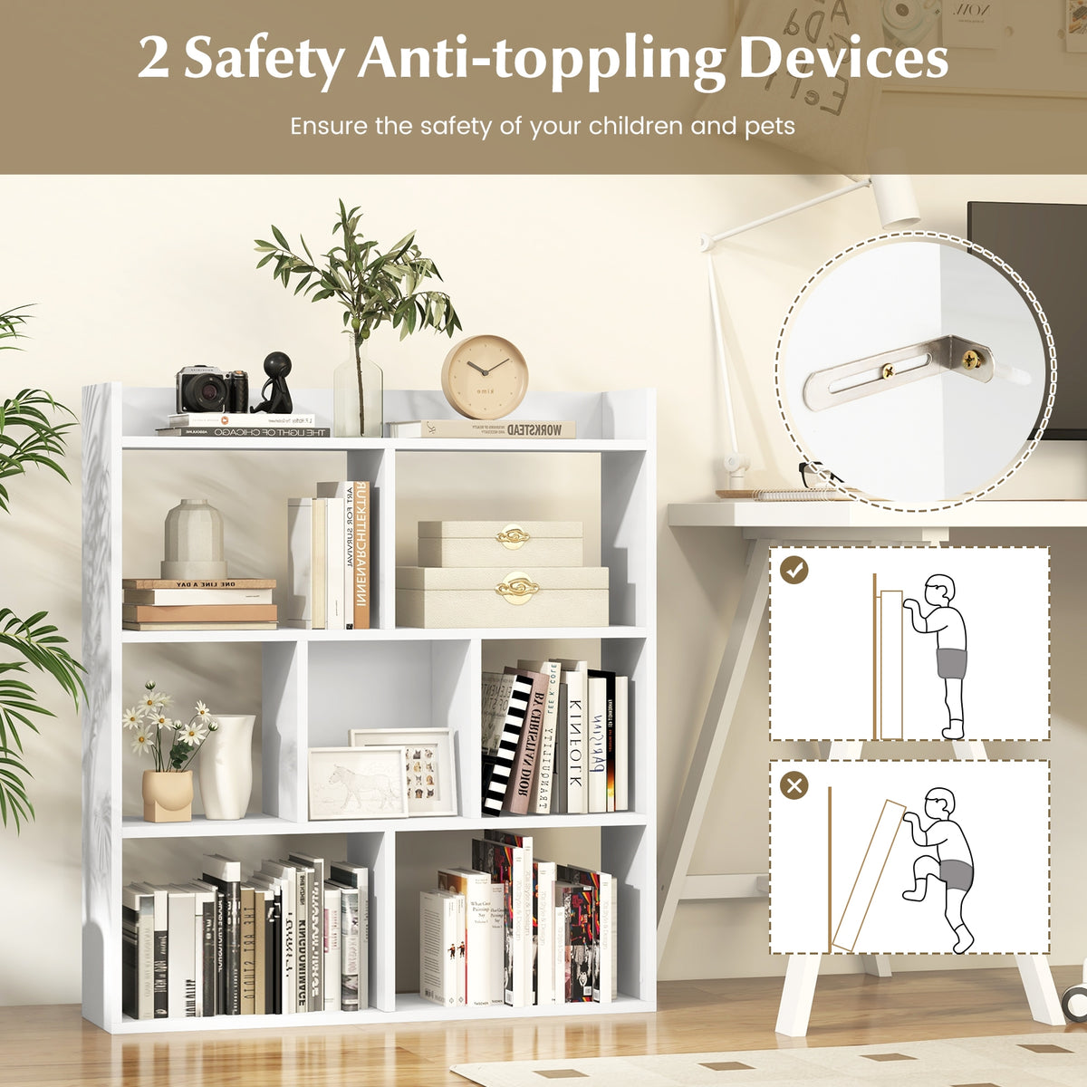 7 Cubes Open-Back Bookshelf, Anti-Toppling Devices, White Bookcases at Gallery Canada