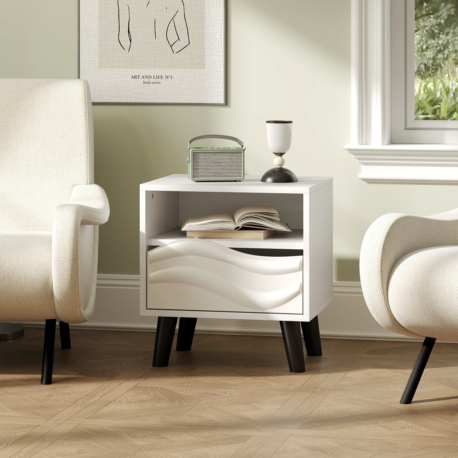 Mid Century Modern Nightstand, 3D Wavy Pattern, Open Shelf, White Nightstands at Gallery Canada