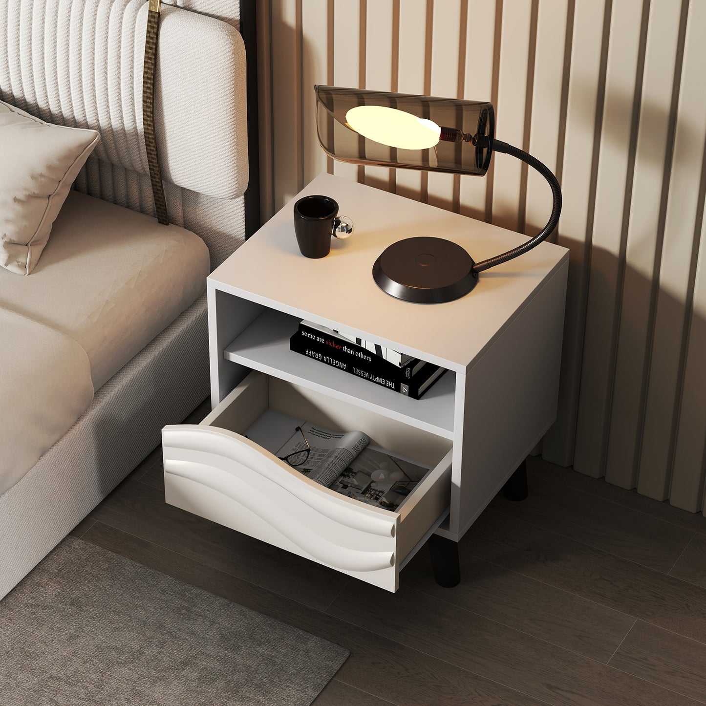 Mid Century Modern Nightstand, 3D Wavy Pattern, Open Shelf, White Nightstands at Gallery Canada