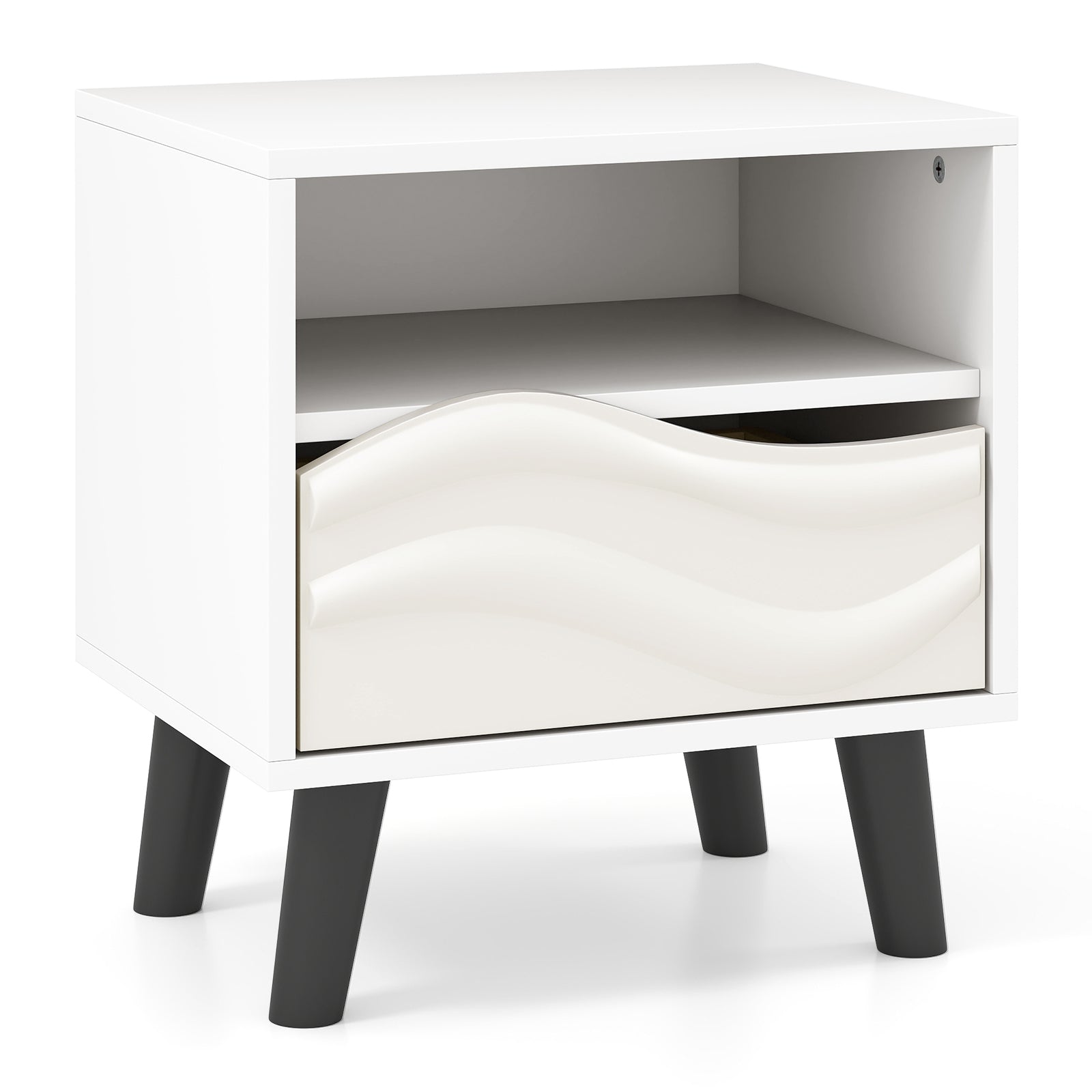 Mid Century Modern Nightstand, 3D Wavy Pattern, Open Shelf, White Nightstands White at Gallery Canada