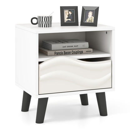 Mid Century Modern Nightstand, 3D Wavy Pattern, Open Shelf, White Nightstands at Gallery Canada