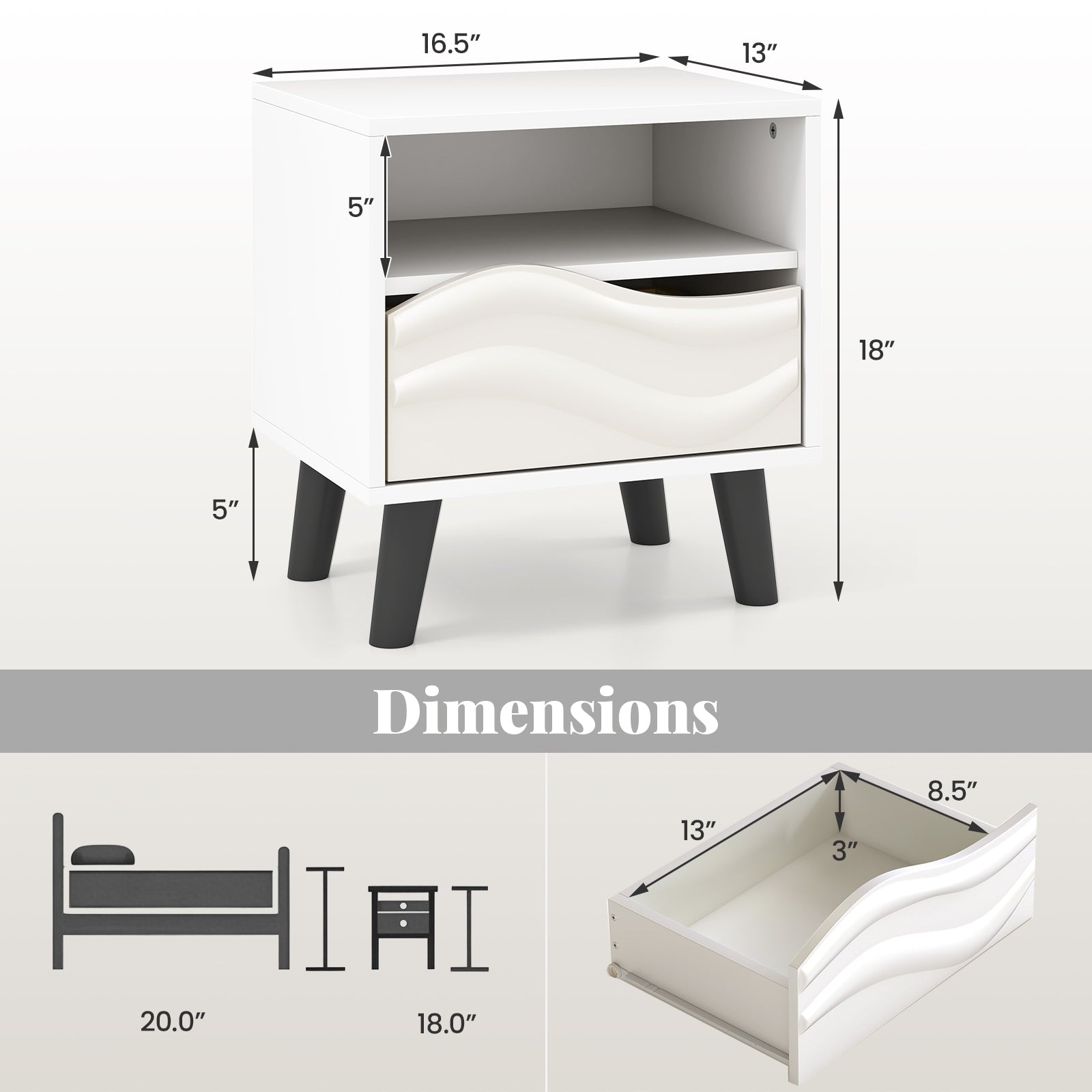 Mid Century Modern Nightstand, 3D Wavy Pattern, Open Shelf, White Nightstands at Gallery Canada