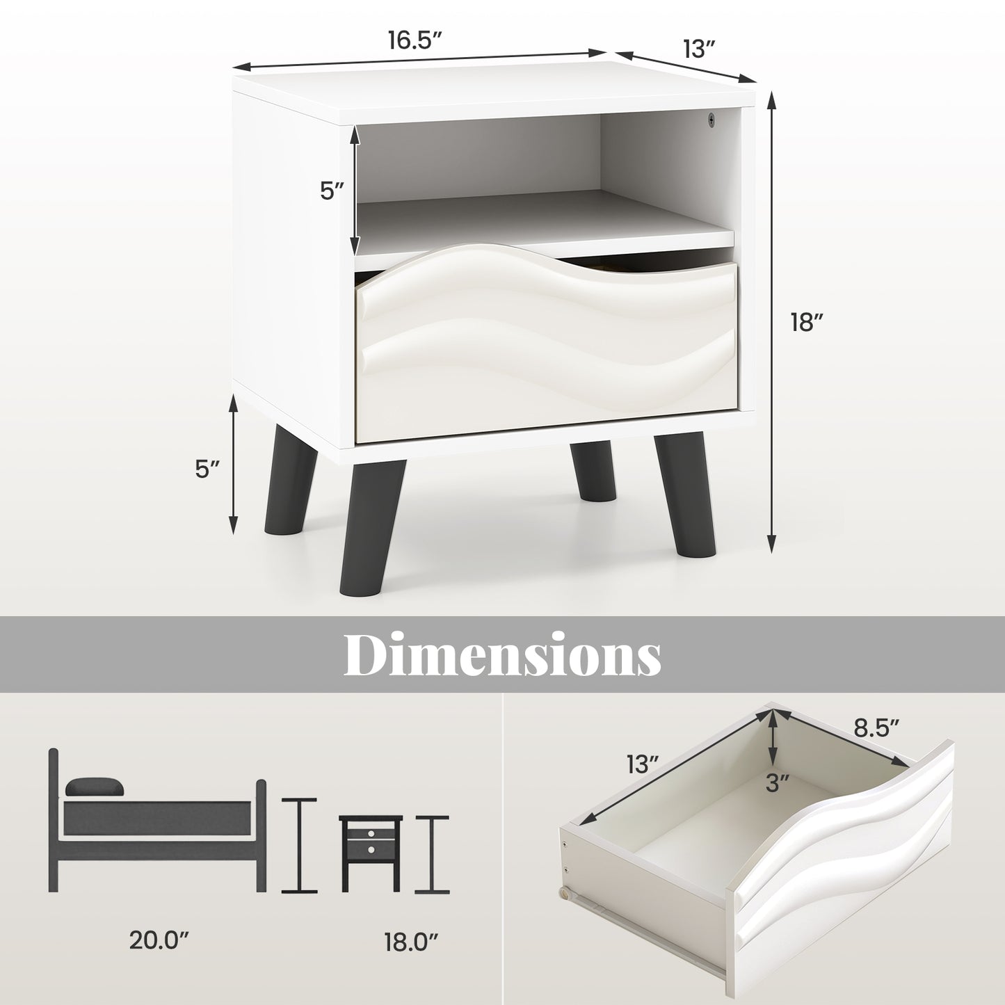 Mid Century Modern Nightstand, 3D Wavy Pattern, Open Shelf, White Nightstands at Gallery Canada