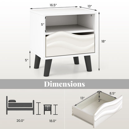 Mid Century Modern Nightstand, 3D Wavy Pattern, Open Shelf, White Nightstands at Gallery Canada