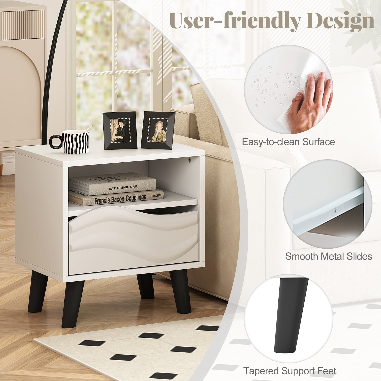 Mid Century Modern Nightstand, 3D Wavy Pattern, Open Shelf, White Nightstands at Gallery Canada
