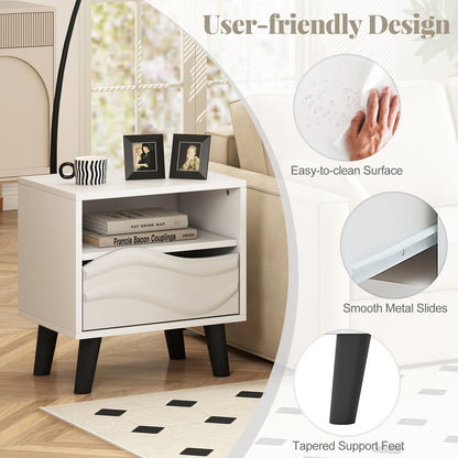 Mid Century Modern Nightstand, 3D Wavy Pattern, Open Shelf, White Nightstands at Gallery Canada