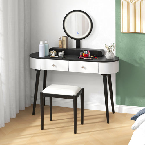 Makeup Vanity Table Set, LED Mirror, 3 Drawers, Dark Wood, White