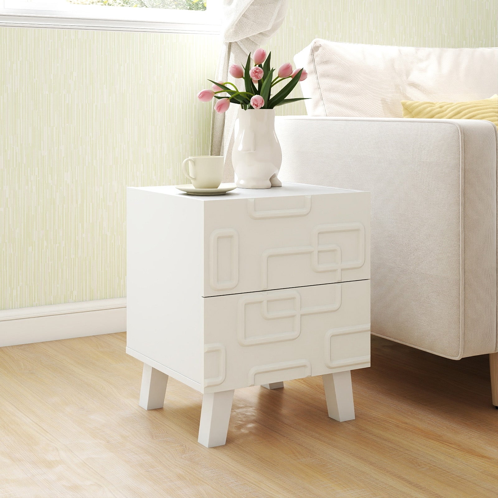 Modern Nightstand With Drawers, 3D Geometric Patterns, White Nightstands at Gallery Canada