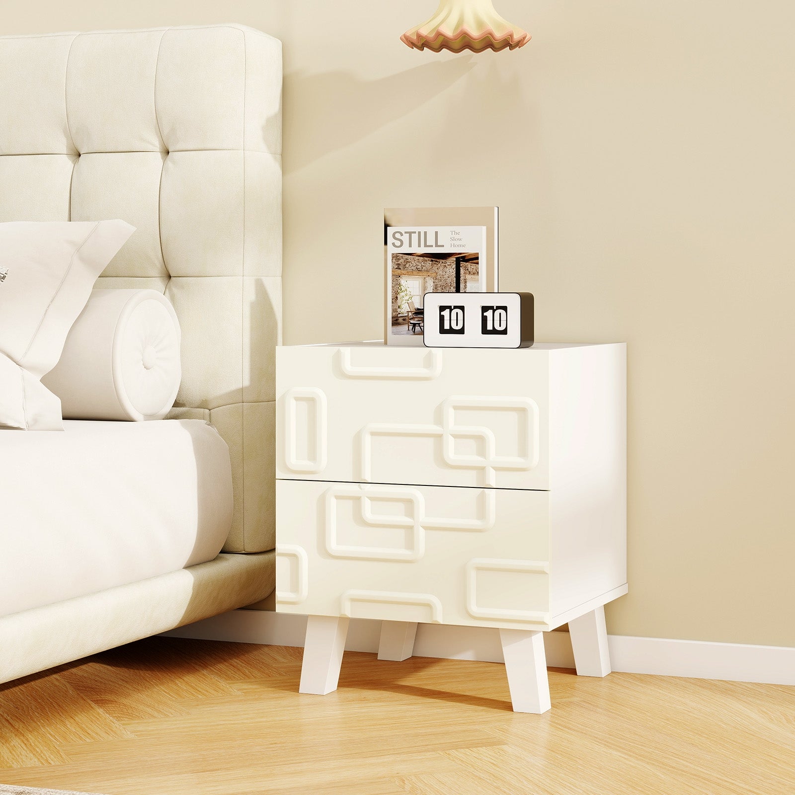 Modern Nightstand With Drawers, 3D Geometric Patterns, White Nightstands at Gallery Canada