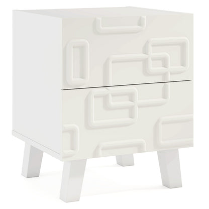 Modern Nightstand With Drawers, 3D Geometric Patterns, White Nightstands White at Gallery Canada