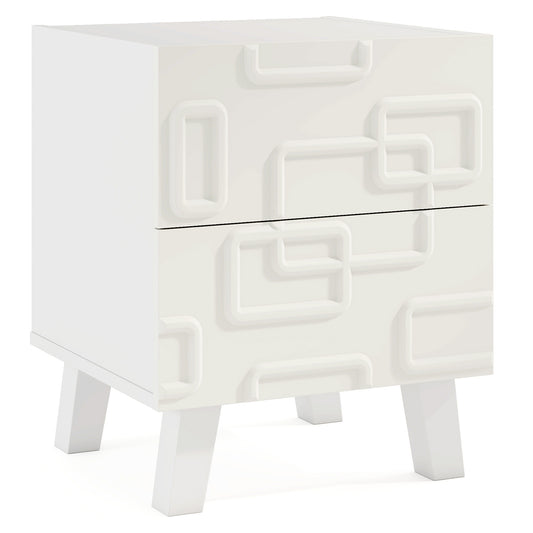 Modern Nightstand With Drawers, 3D Geometric Patterns, White Nightstands White at Gallery Canada