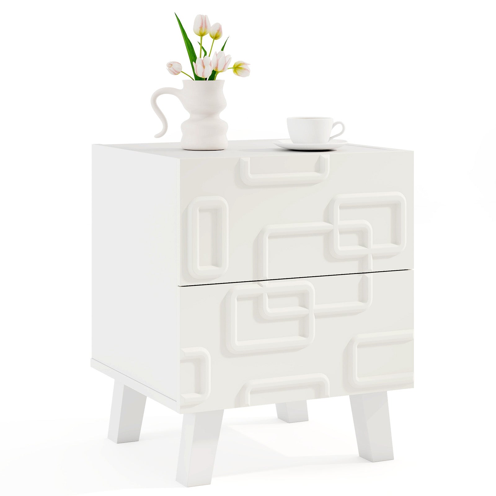 Modern Nightstand With Drawers, 3D Geometric Patterns, White Nightstands at Gallery Canada
