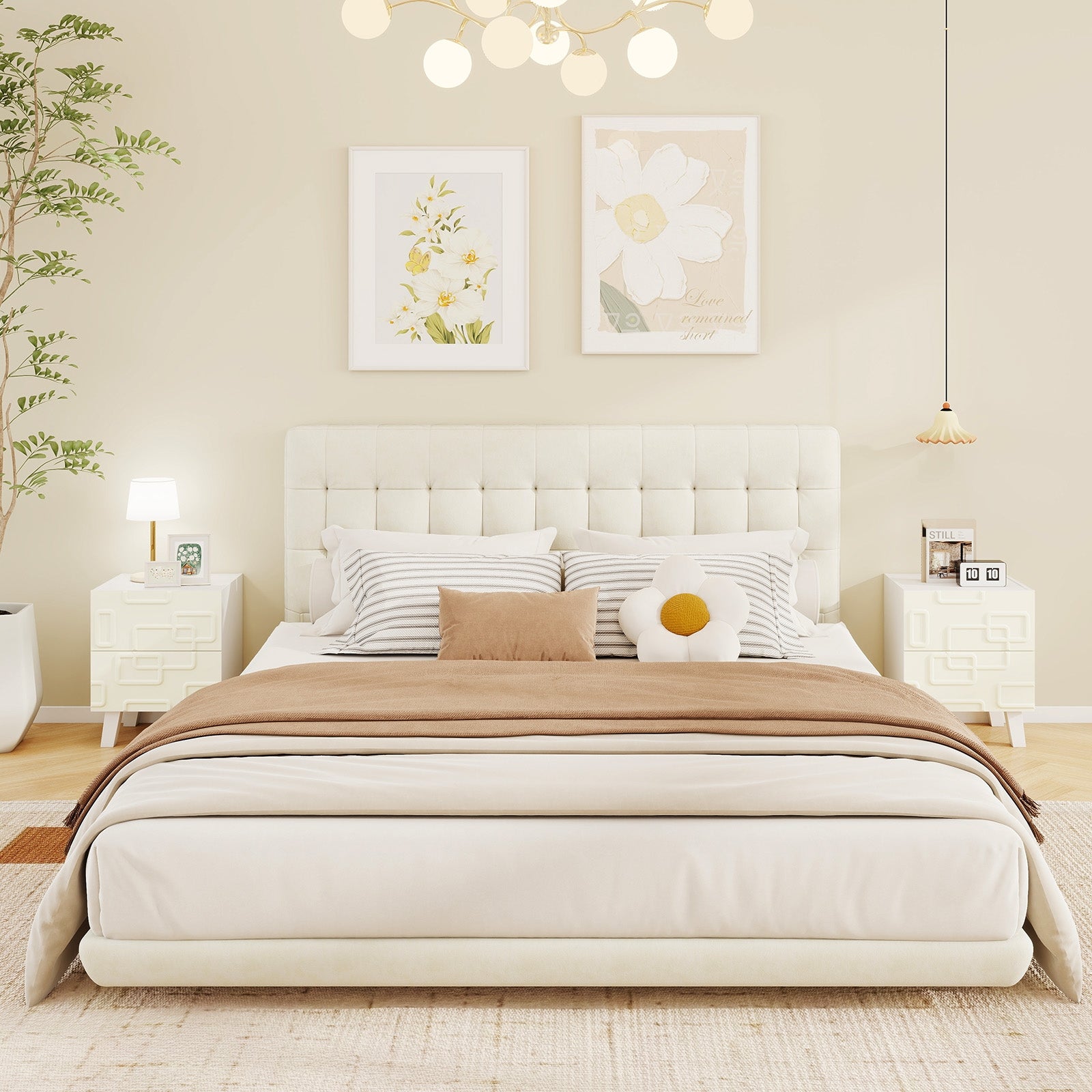 Modern Nightstand With Drawers, 3D Geometric Patterns, White Nightstands at Gallery Canada