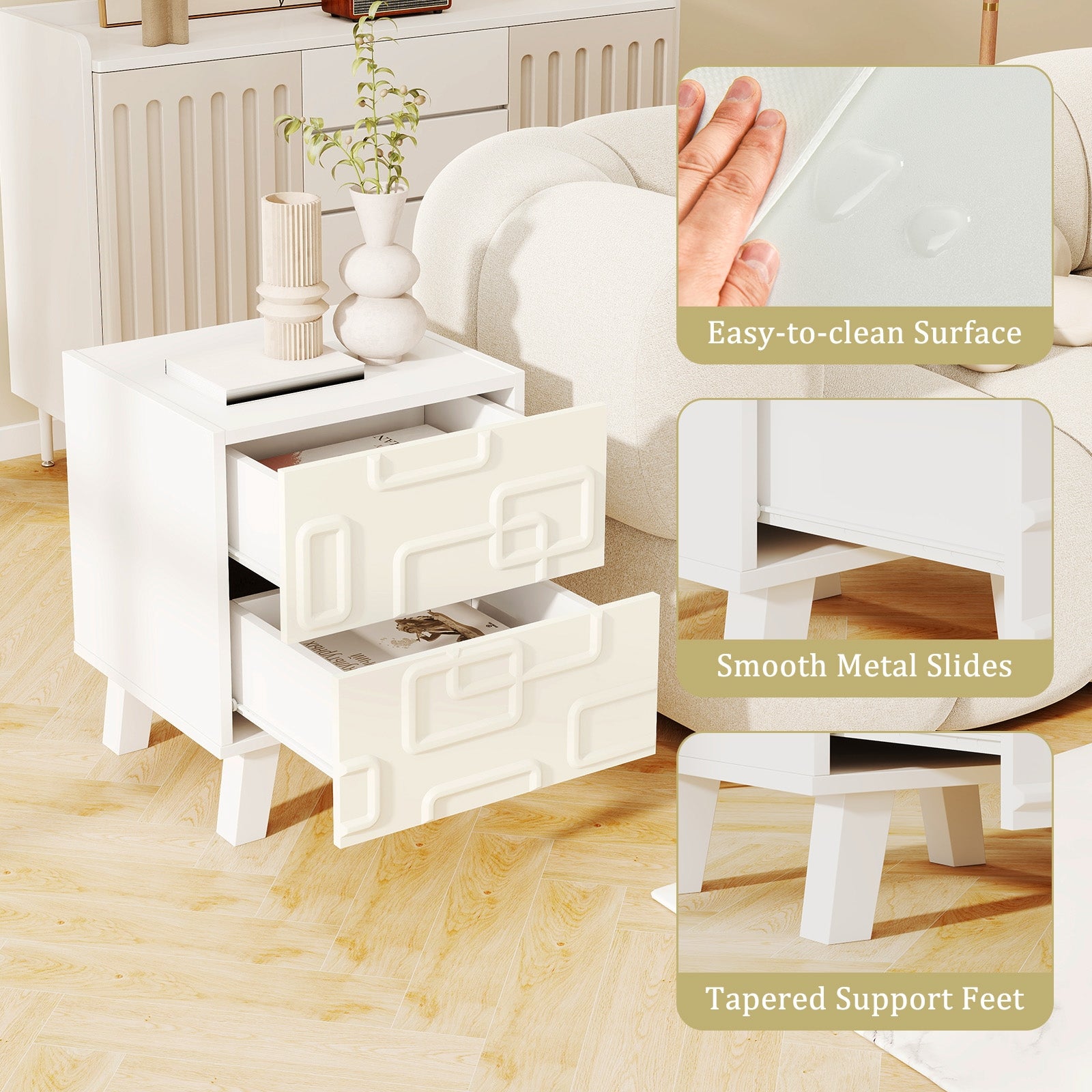 Modern Nightstand With Drawers, 3D Geometric Patterns, White Nightstands at Gallery Canada