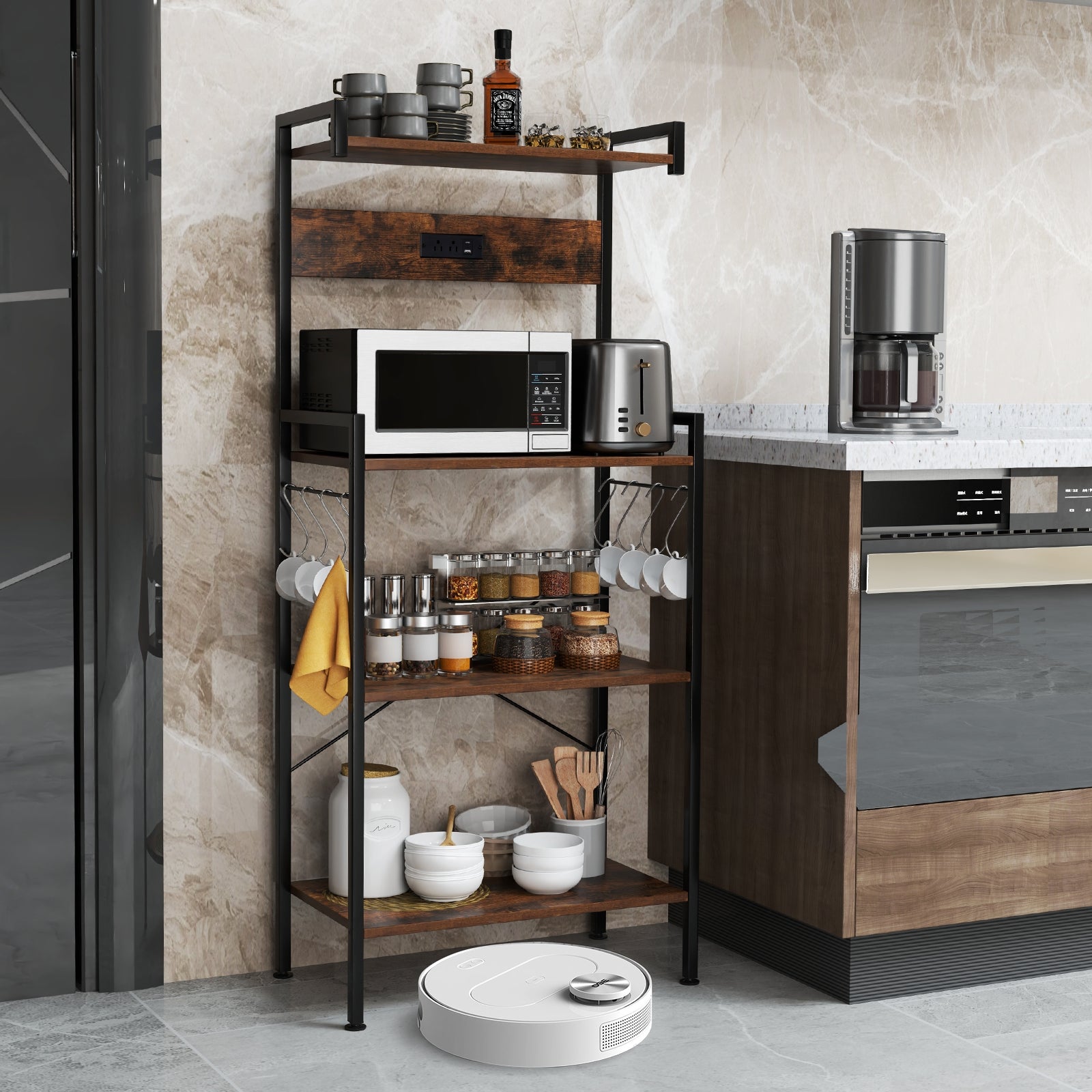 4-Tier Kitchen Bakers Rack, With Power Outlet And 8 Hooks, Rustic Brown Baker's Racks at Gallery Canada