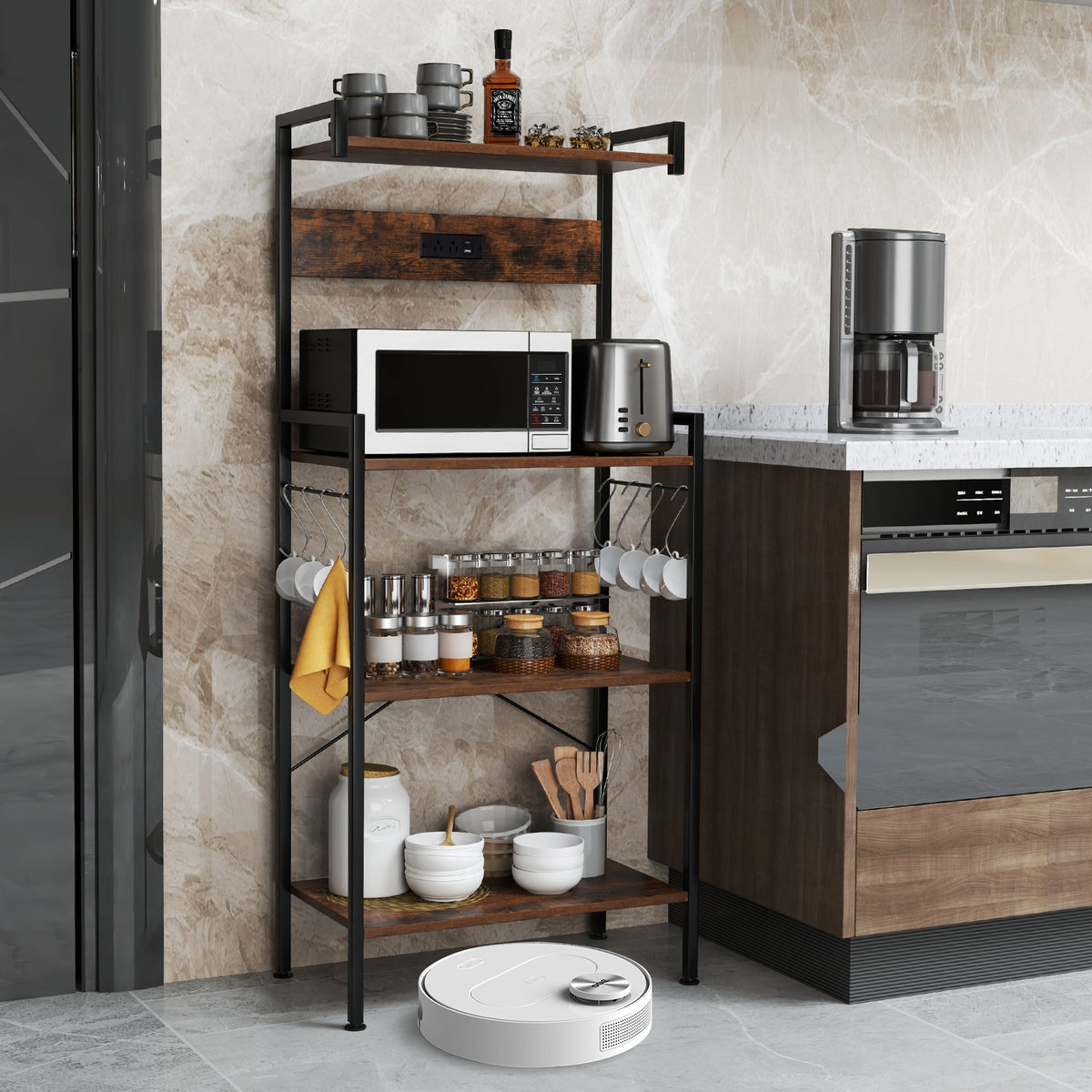 4-Tier Kitchen Bakers Rack, With Power Outlet And 8 Hooks, Rustic Brown Baker's Racks at Gallery Canada