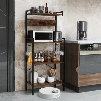 4-Tier Kitchen Bakers Rack, With Power Outlet And 8 Hooks, Rustic Brown Baker's Racks at Gallery Canada