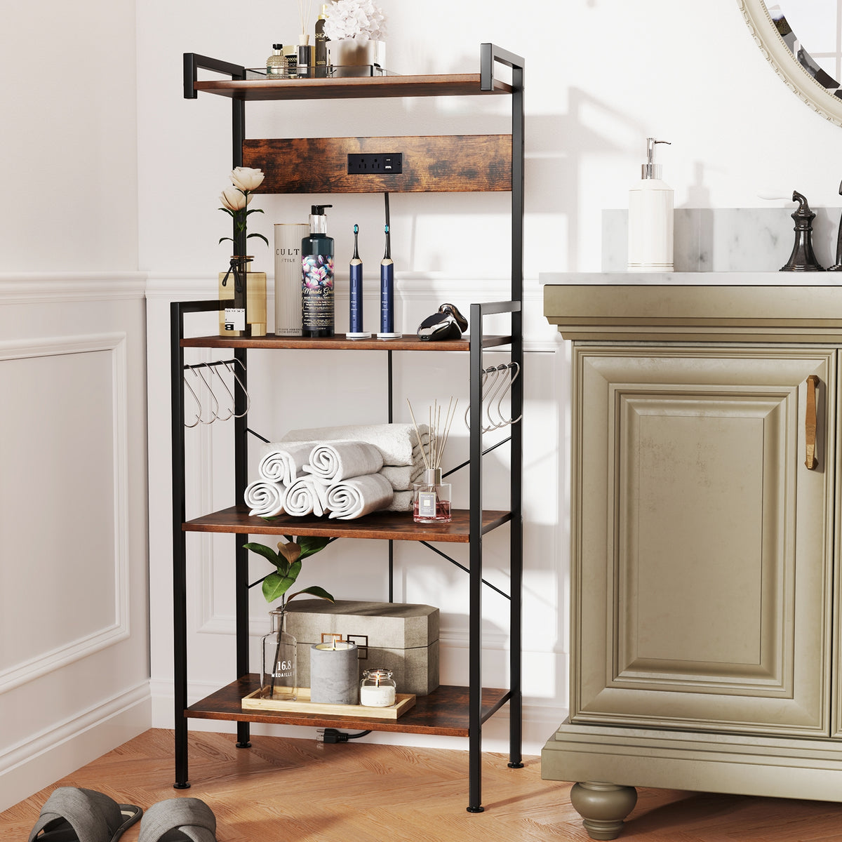 4-Tier Kitchen Bakers Rack, With Power Outlet And 8 Hooks, Rustic Brown Baker's Racks at Gallery Canada