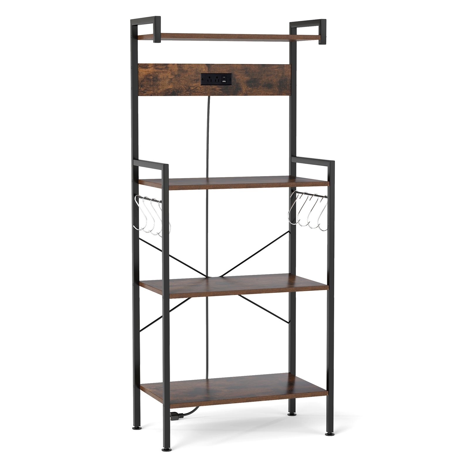 4-Tier Kitchen Bakers Rack, With Power Outlet And 8 Hooks, Rustic Brown Baker's Racks at Gallery Canada