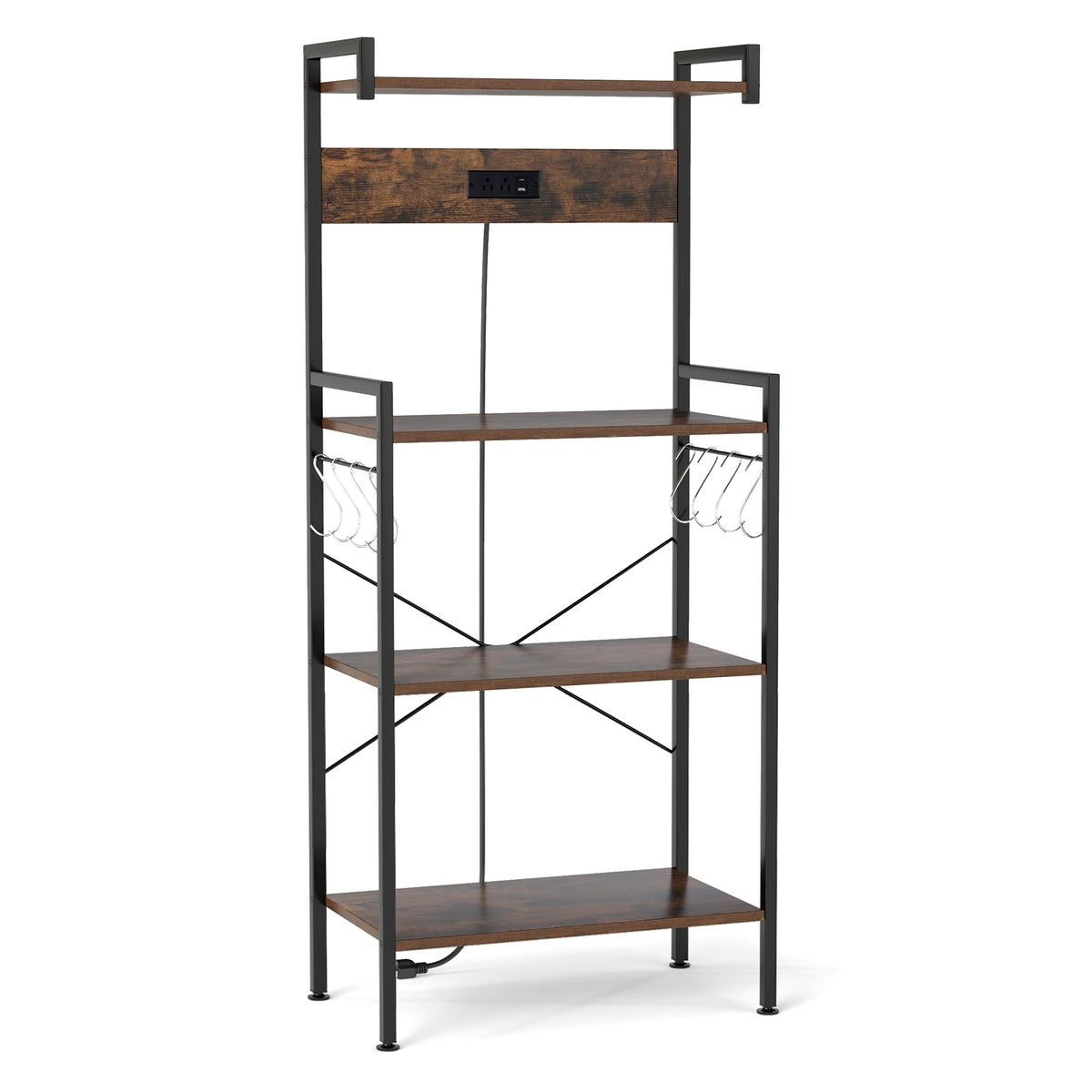 4-Tier Kitchen Bakers Rack, With Power Outlet And 8 Hooks, Rustic Brown Baker's Racks at Gallery Canada