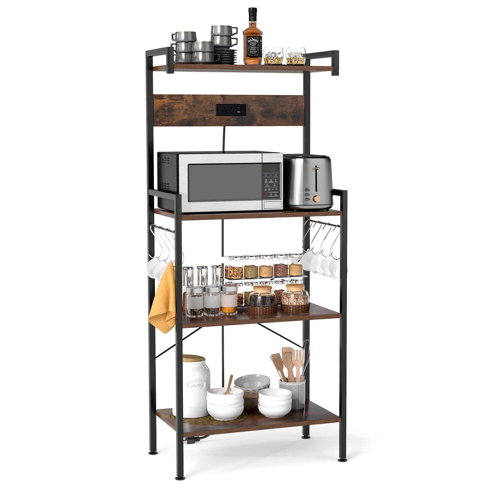4-Tier Kitchen Bakers Rack, With Power Outlet And 8 Hooks, Rustic Brown Baker's Racks at Gallery Canada