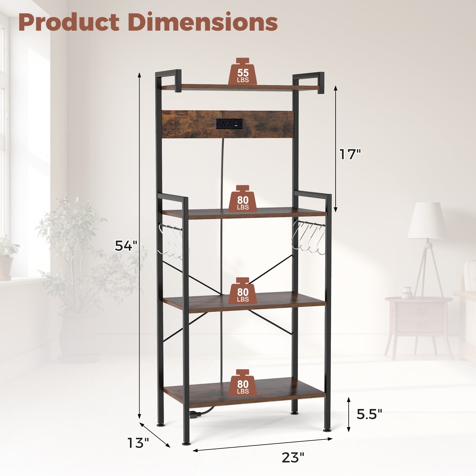 4-Tier Kitchen Bakers Rack, With Power Outlet And 8 Hooks, Rustic Brown Baker's Racks at Gallery Canada