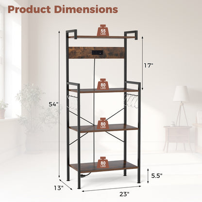 4-Tier Kitchen Bakers Rack, With Power Outlet And 8 Hooks, Rustic Brown Baker's Racks at Gallery Canada