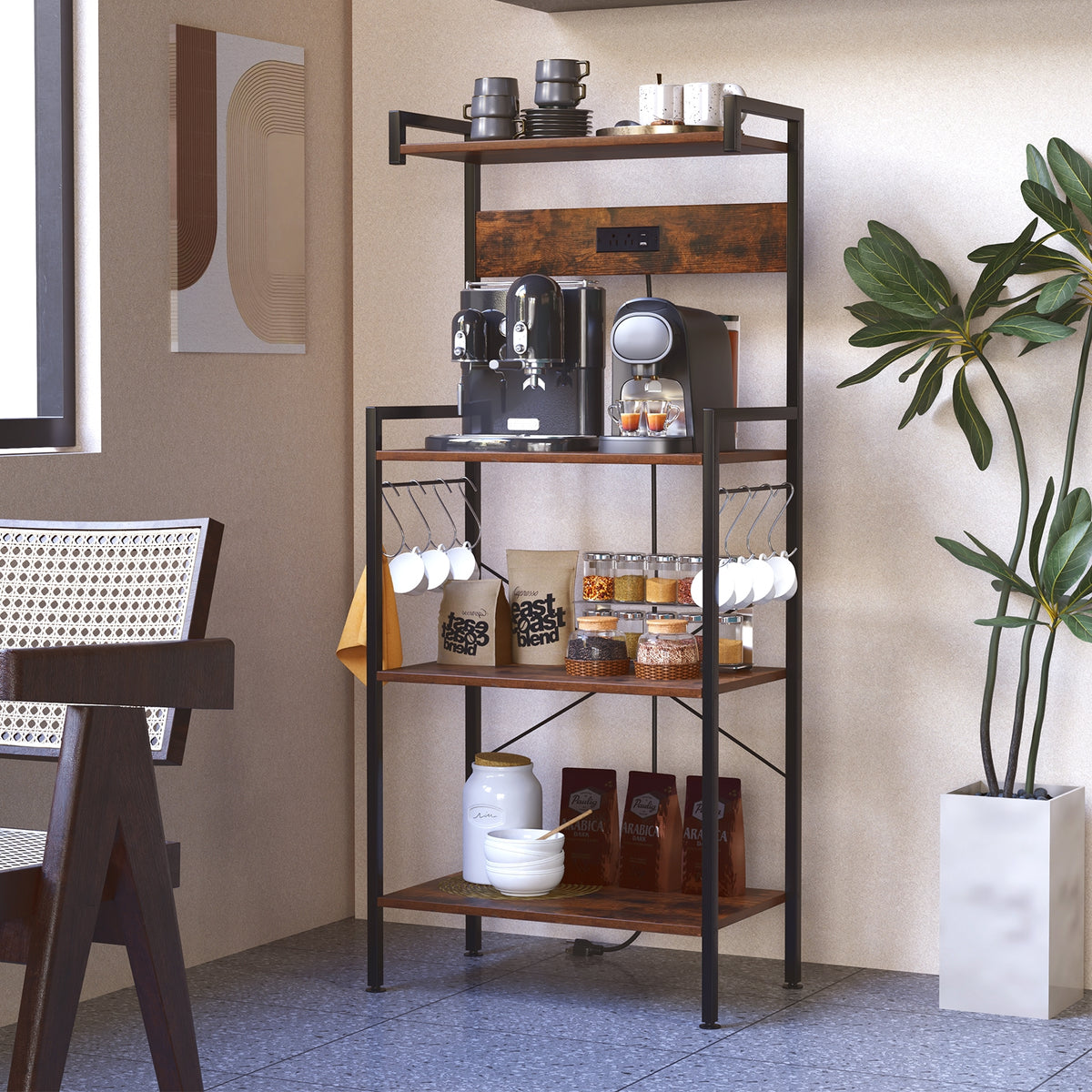4-Tier Kitchen Bakers Rack, With Power Outlet And 8 Hooks, Rustic Brown Baker's Racks at Gallery Canada