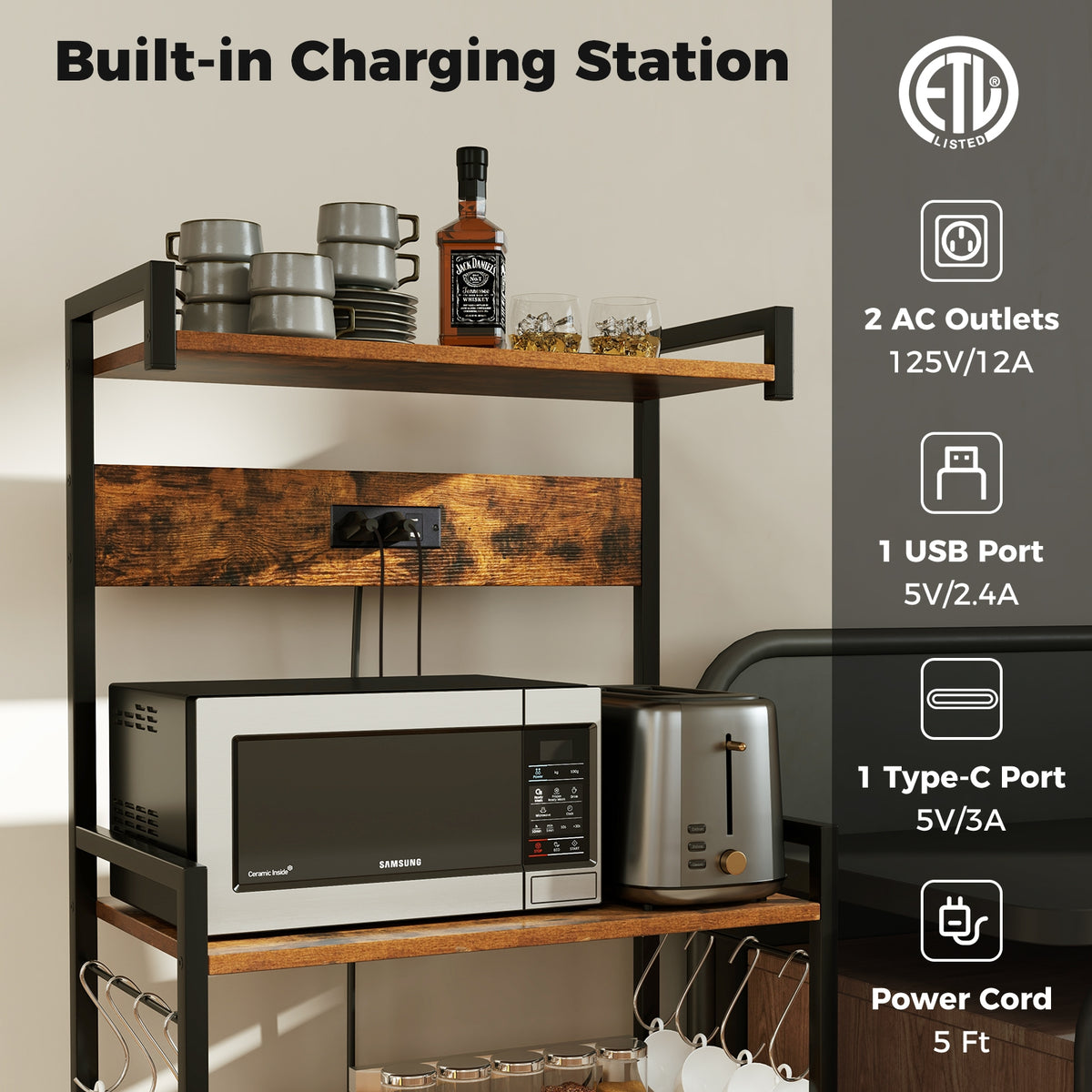 4-Tier Kitchen Bakers Rack, With Power Outlet And 8 Hooks, Rustic Brown Baker's Racks at Gallery Canada