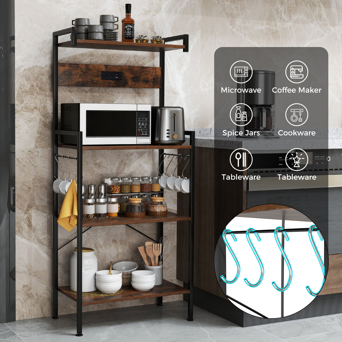 4-Tier Kitchen Bakers Rack, With Power Outlet And 8 Hooks, Rustic Brown Baker's Racks at Gallery Canada
