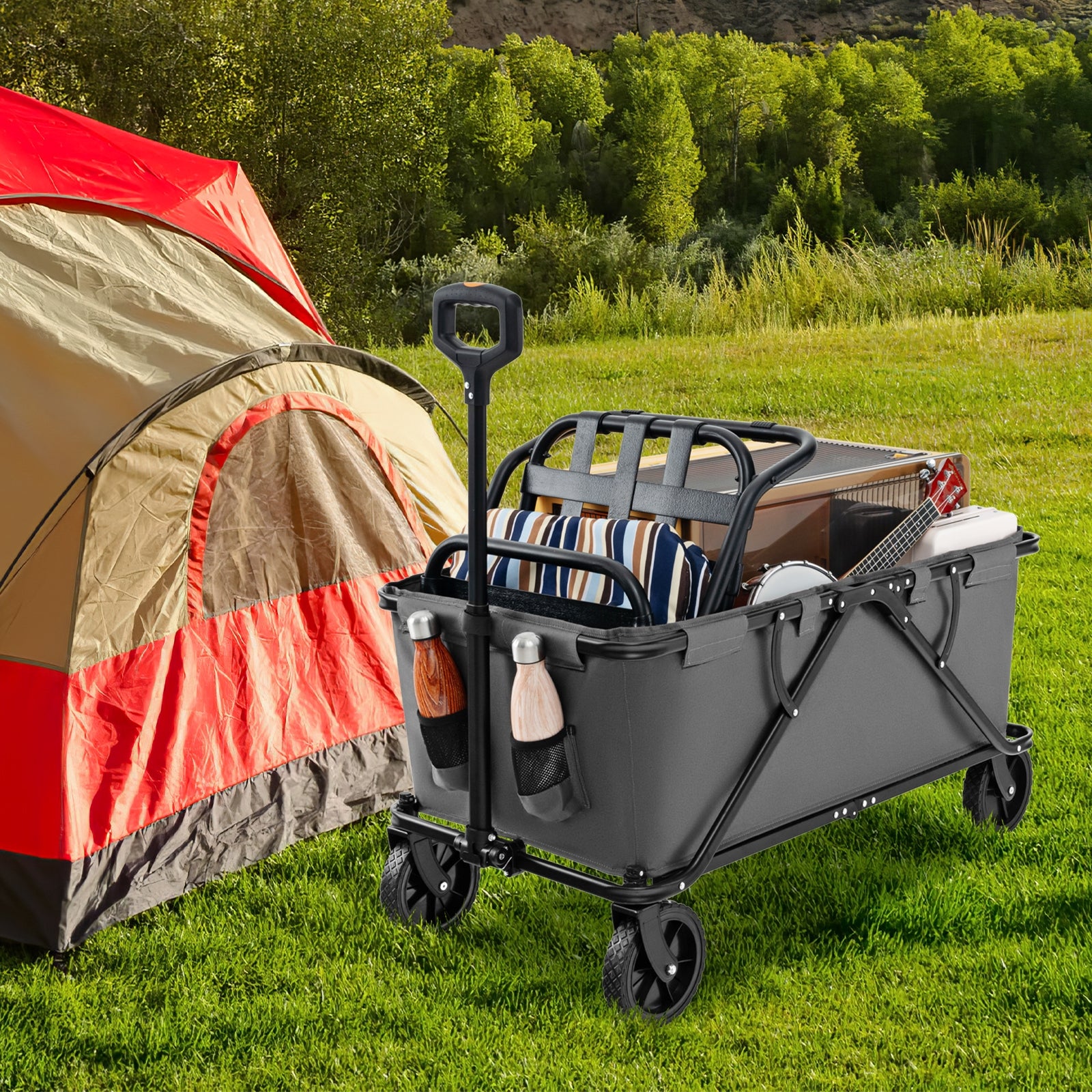 Collapsible Folding Wagon Cart, Adjustable Handlebar, Gray Garden Carts at Gallery Canada