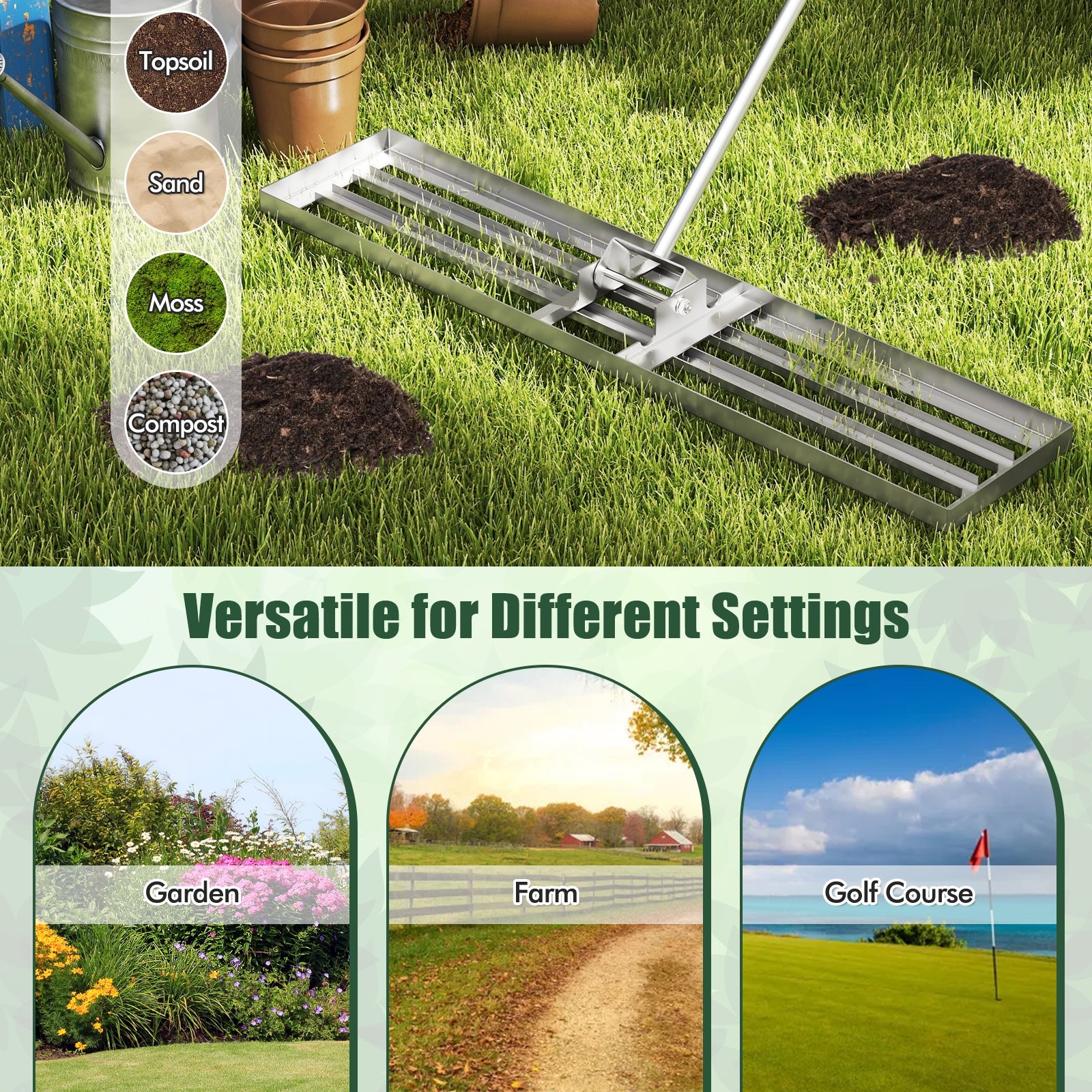 Lawn Leveling Rake, 46 x 10 Inch, Heavy Duty, Silver Lawn Care Tools at Gallery Canada