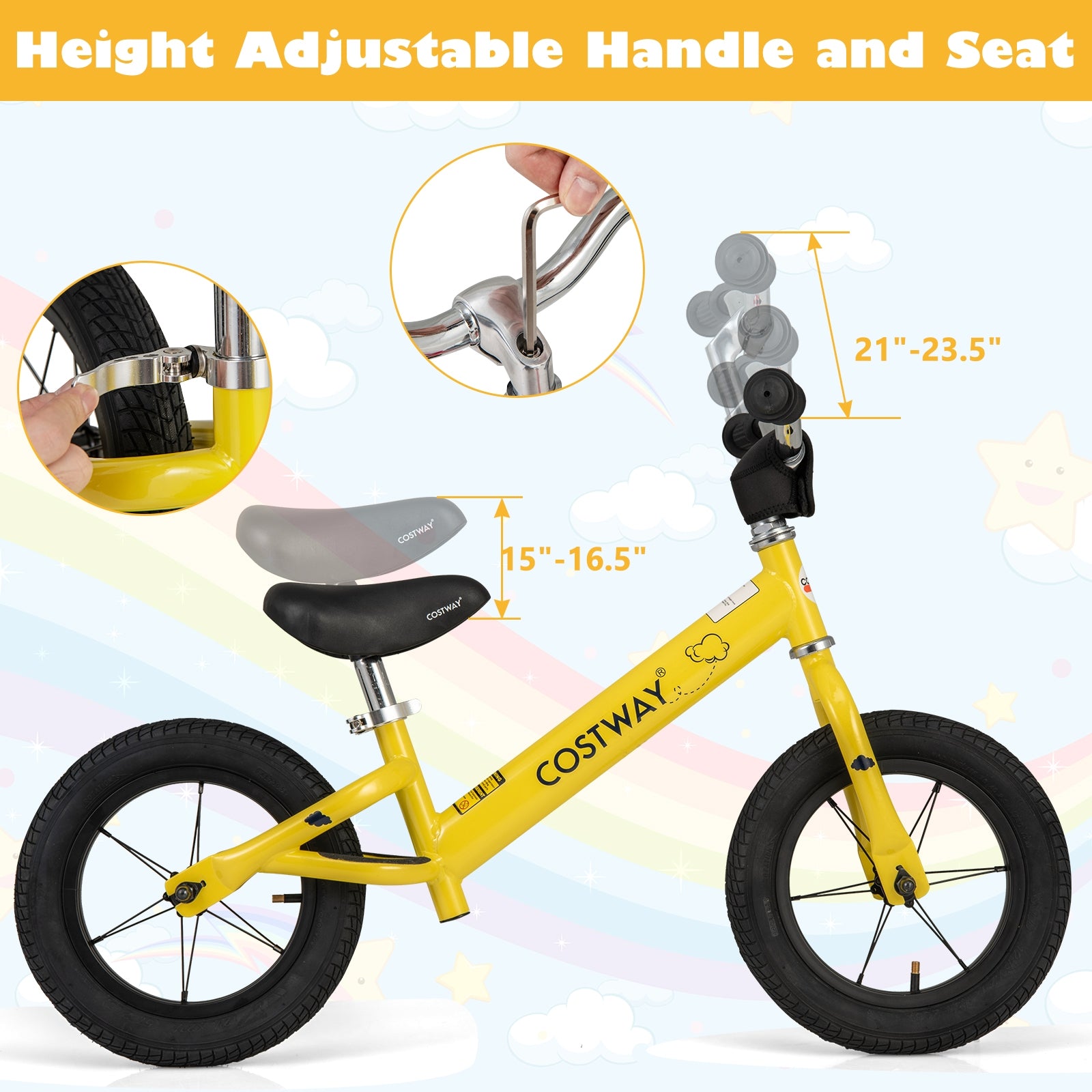 12 Inch Toddler Balance Bike, Height Adjustable, Yellow Kids Bike at Gallery Canada