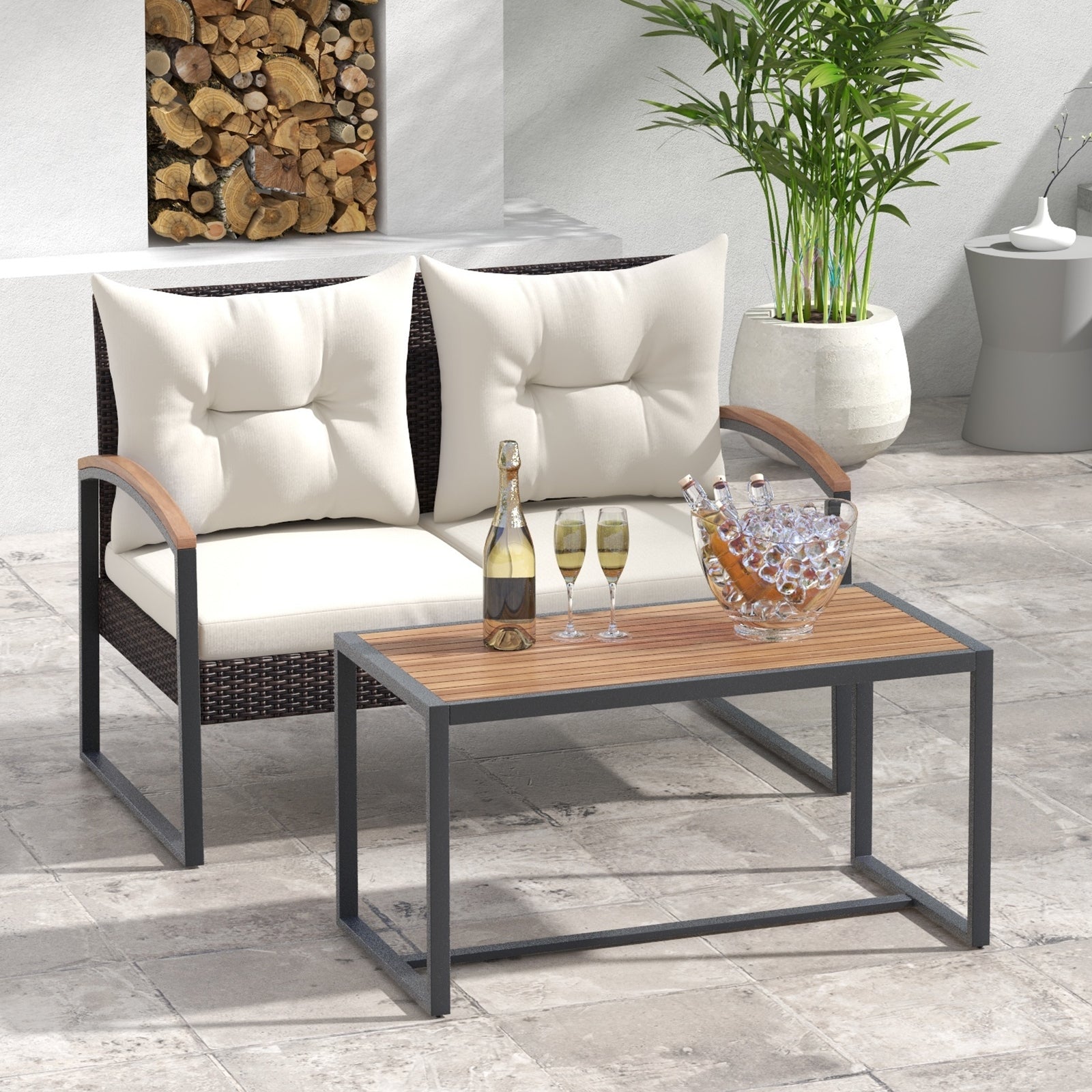 Patio PE Wicker Furniture Set, Acacia Wood Coffee Table, White Patio Conversation Sets at Gallery Canada