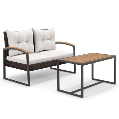 Patio PE Wicker Furniture Set, Acacia Wood Coffee Table, White Patio Conversation Sets White at Gallery Canada