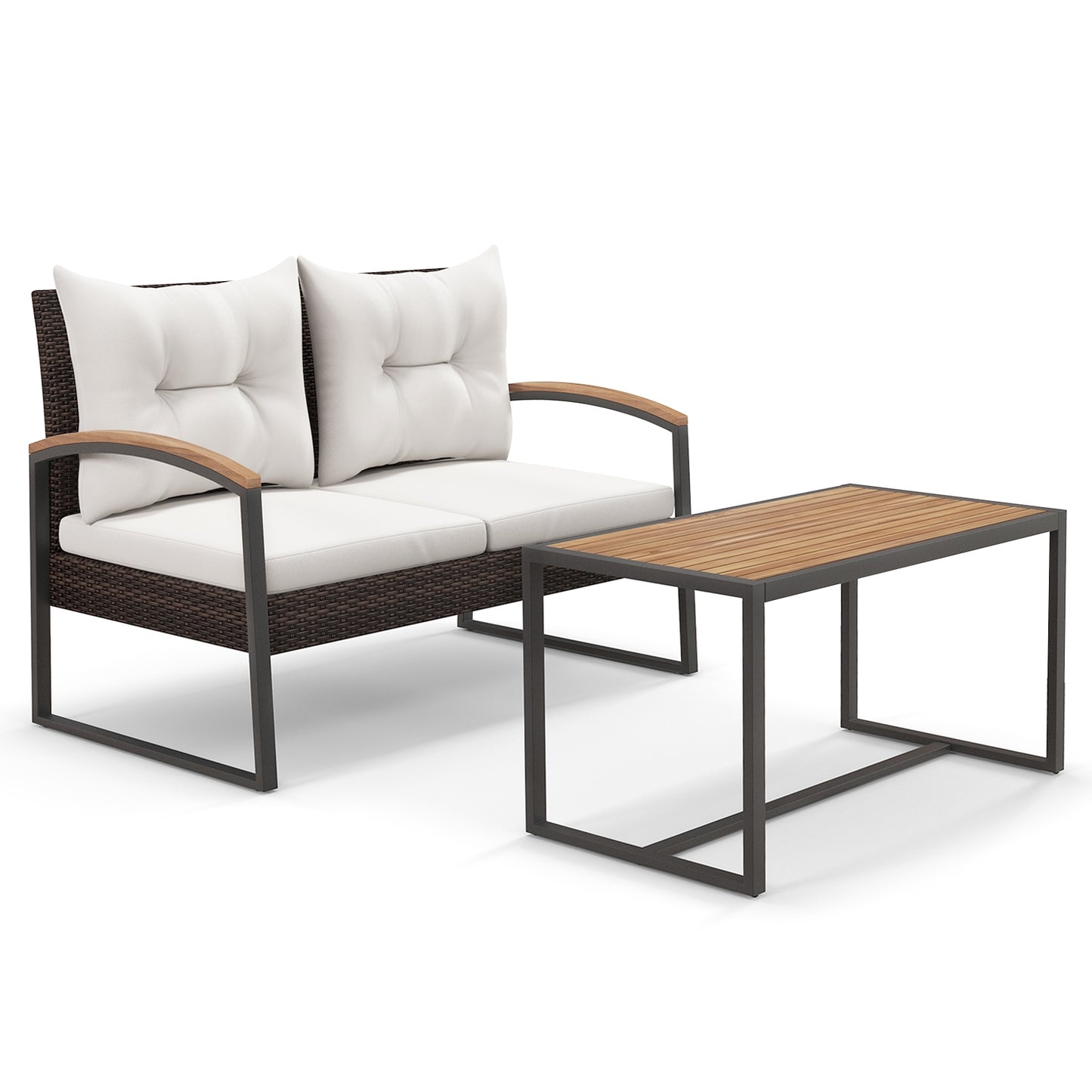 Patio PE Wicker Furniture Set, Acacia Wood Coffee Table, White Patio Conversation Sets at Gallery Canada
