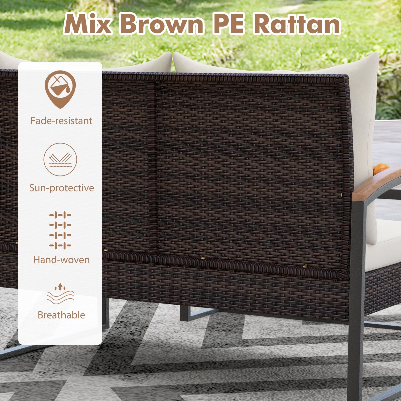 Patio PE Wicker Furniture Set, Acacia Wood Coffee Table, White Patio Conversation Sets at Gallery Canada