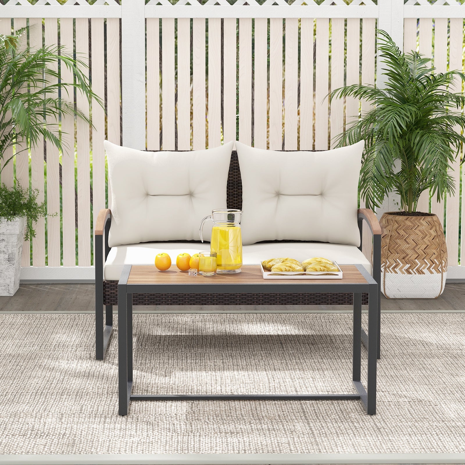 Patio PE Wicker Furniture Set, Acacia Wood Coffee Table, White Patio Conversation Sets at Gallery Canada