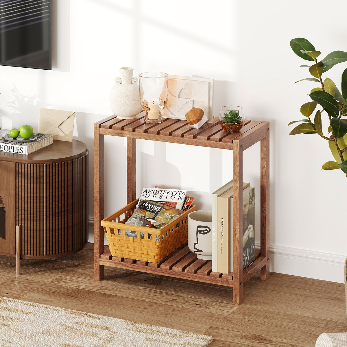 2 Tier Side Table, Teak Wood Storage Shelf, Natural Plant Stands at Gallery Canada